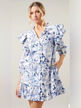 Sugar Lips Francine Toile Sky Sammy Ruffle Drop Waist Dress | Size M
